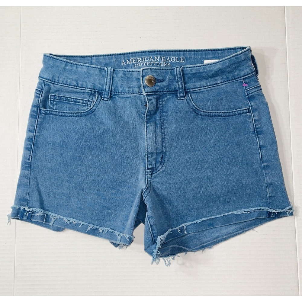 American Eagle Shorts Women's 8 Blue Denim Hi Rise Shortie Fit Stretch Beach